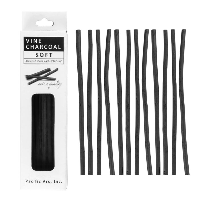 Pacific Arc Artist Vine Charcoal, Soft, Black 12 Pieces, Artist Vine Charcoal Sticks, Extra Soft and Smooth Drawing Charcoal - Image 1